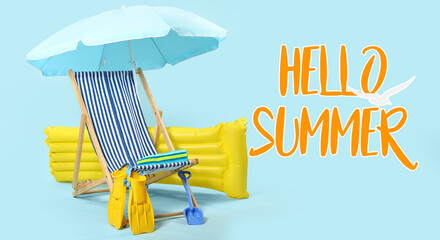 Banner with text HELLO SUMMER, beach chair, umbrella, inflatable mattress, flippers and accessories...