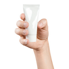 Hand holding a white tube, cut out