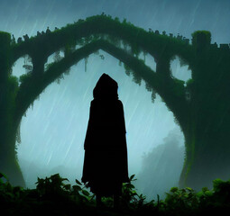silhouette of a woman walking under an old overgrown Bridge on a rainy night, generative AI