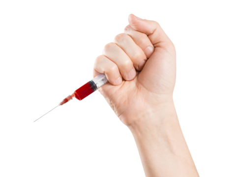 Hand holding a syringe with blood, cut out