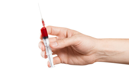 Hand holding a syringe with blood, cut out
