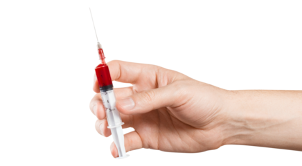 Hand holding a syringe with blood, cut out