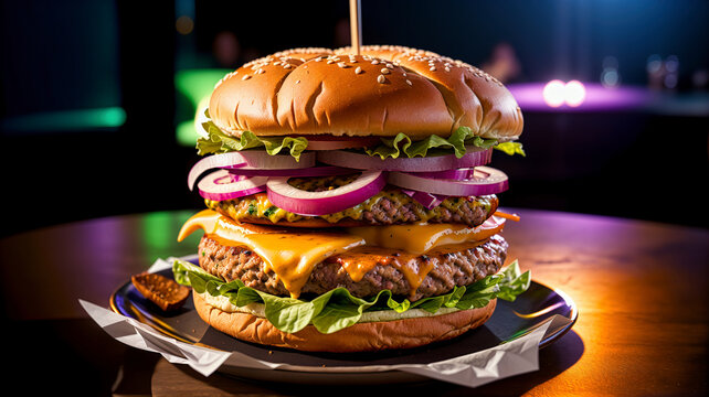closeup of a juicy cheeseburger with salad and onion laying on wooden table with people man and woman in background, generative AI