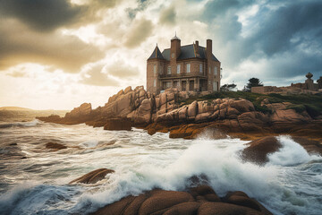 A castle on an island of the pink granite coast in France, beautiful landscape  -generative ai - obrazy, fototapety, plakaty