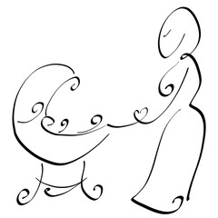 mom walking with toddler in a pram, black abstract creative pattern with curls and heart on a white background