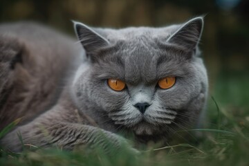 Naklejka na ściany i meble A sad looking British cat rests on the grass and looks at the camera. Generative AI