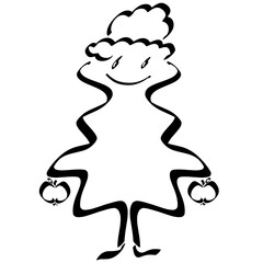 funny smiling tree with apples and hairstyle, like a person, abstract black outline on a white background