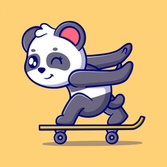 Cute panda playing skateboard cartoon icon illustration