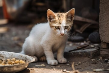 Obraz premium stray kitten consuming food. Generative AI
