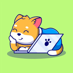 Cute cat with laptop cartoon icon illustration