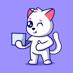 Cute cat with laptop cartoon icon illustration
