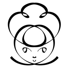 head of a girl looking like a heart with a hairstyle like a flower, with raised hands, abstract black outline on a white background