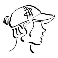 girl in a stylish cap with hair gathered at the back of her head, black outline on a white background