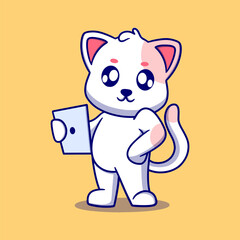 cute cat with iPad cartoon icon illustration