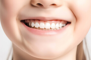 Obraz premium perfect kids smile close up, happy little girl with beautiful white milk tooth, child dental care and stomatology, dentistry, generative ai.