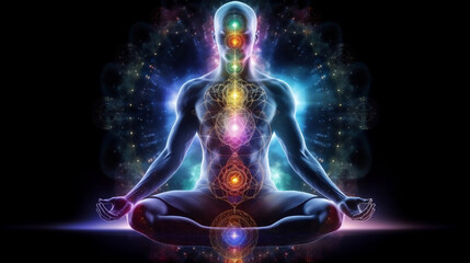 Concept of meditation and spiritual practice, expanding of consciousness, chakras and astral body activation, mystical inspiration image. Generative ai
