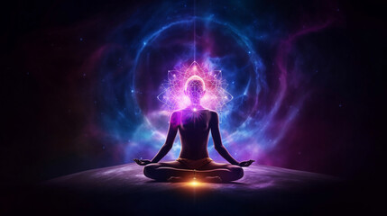 Concept of meditation and spiritual practice, expanding of consciousness, chakras and astral body activation, mystical inspiration image. Generative ai