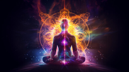 Concept of meditation and spiritual practice, expanding of consciousness, chakras and astral body activation, mystical inspiration image. Generative ai