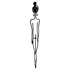 Standing naked slender woman from back. Hand drawn linear doodle rough sketch. Black silhouette on white background.