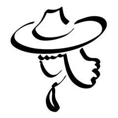 young girl in a big summer hat and tie, rural style, black outline on a white background