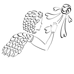 winged lovely woman wearing crown touching heart shaped sunbeam, creative black pattern