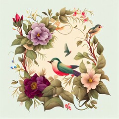 Floral ornament, simplicity, elegance, flowers, birds, butterflies, greenery. Generative AI