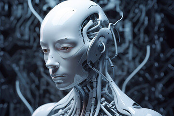 Futuristic biomechanical woman, fictitious person. AI generated image