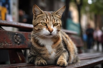 Naklejka na ściany i meble Picture of a young lovely homeless cat on a street seat. Turkey's Istanbul. Generative AI