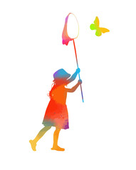 A colored girl catches butterflies. Vector illustration