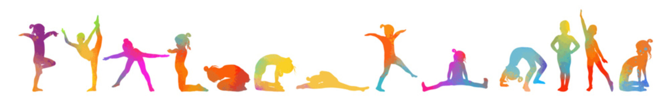 Girls gymnast colored silhouettes. School of children's gymnastics . Vector illustration