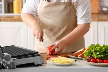 Woman preparing ingredients for delicious sandwiches near modern electric grill in kitchen