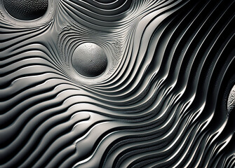 Abstract image of a gray rough surface with a textured pattern. Volumetric wavy lines in shades of gray with circular shapes. Generative AI illustration.