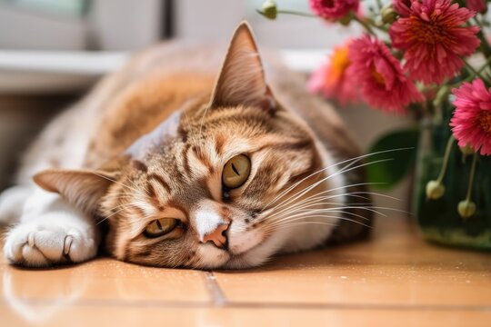 A tabby cat lies down on a white table. There is a flower pot nearby. Generative AI