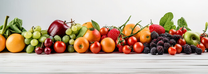 Fototapeta na wymiar Panoramic collection fresh fruits and vegetables background. Side view. Generative AI.