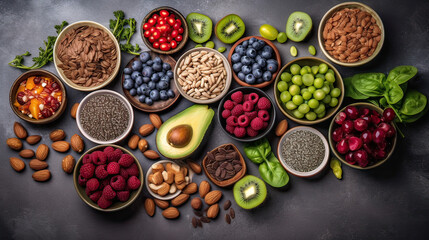 Healthy eating clean eating choices fruits, vegetables, seeds, superfoods, cereals, leafy vegetables on a gray concrete background. Top view. Generative AI.