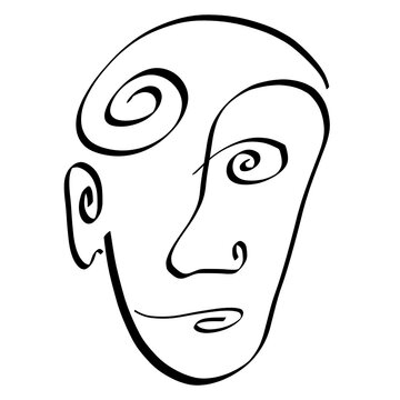 abstract image of a man's head with an eye, a hairdo and a mouth in the form of a spiral, black outline on white