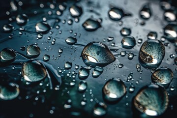 water droplets on a sleek black surface, reflecting light and creating a mesmerizing pattern. Generative AI