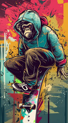 Fototapeta na wymiar Ape Skater Skating monkey art colourful splash