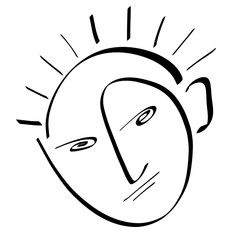 creative image of a man's face with a hairstyle in the form of a shining sun, black abstract sketch