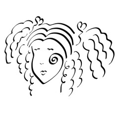 girl with two fluffy wavy tails and ribbons in the form of hearts, black abstract pattern