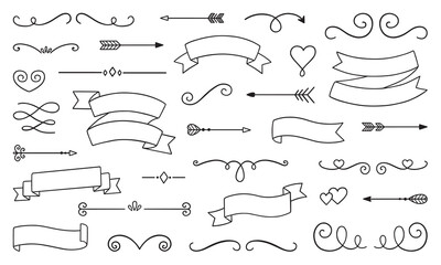 Decorative elements doodle set. Boho arrows, ribbons, text dividers. Divider ornament, borders, lines. Hand drawn vector illustration isolated on white background