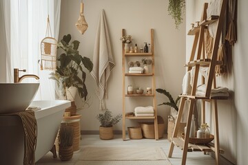Fototapeta na wymiar A chic room with ladder wooden shelves and a white macrame wall hanging. Wood shelves, ceramic pot, dried flowers, basket, beeswax candle, and houseplant. Generative AI