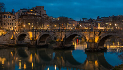 Fototapeta na wymiar Pedestrian bridge built in 134 that crosses the Tiber, with travertine balustrades.