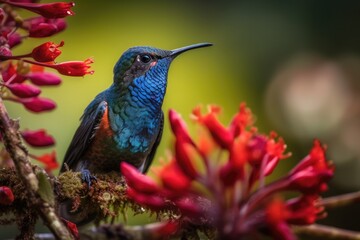 Hummingbird in blue A gorgeous red blossom is close to which Violet Sabrewing is flying. Little bird flies through forest. Costa Rica's tropical wildlife. Two birds in the woodland are consuming necta