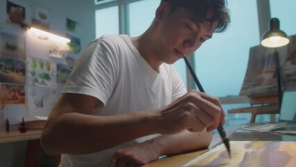 Medium selective focus shot of young Asian man painting picture at desk while working in art studio