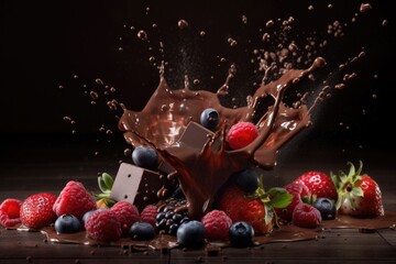 Fototapeta na wymiar Explosion Chocolate liquid with raspberry, Strawberry, blueberry fruit generative AI