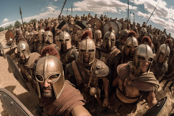 Army of ancient warriors make selfie photograph on battlefield in summer, generative AI.