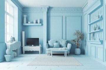 modern living room with blue walls and white furniture. Generative AI