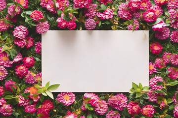 Garden flowers surrounding blank card. Generative AI