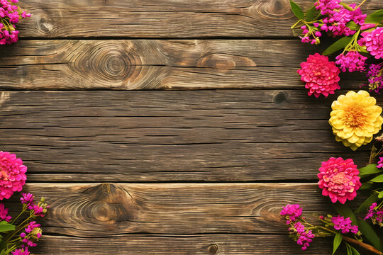 Garden flowers on wooden table background for mother day design. Generative AI